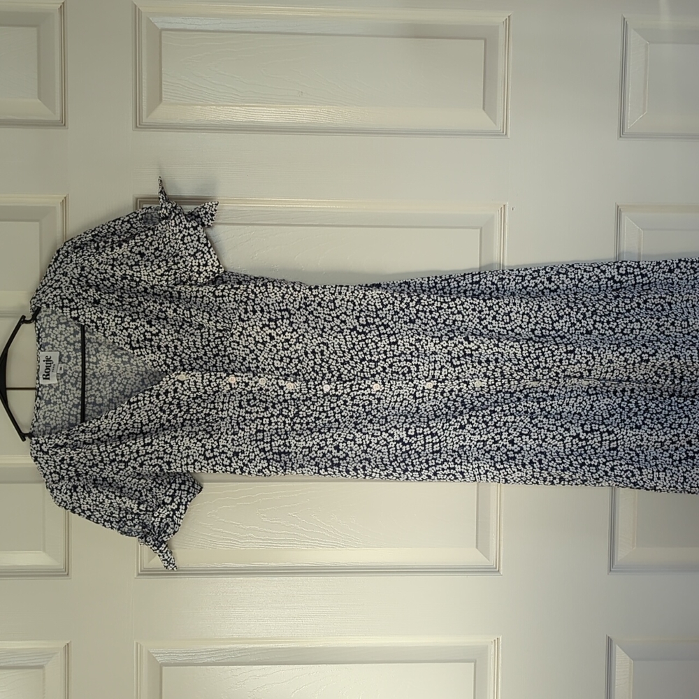 Rouje inspired Blue Floral button down cap sleeves with ties long midi dress
